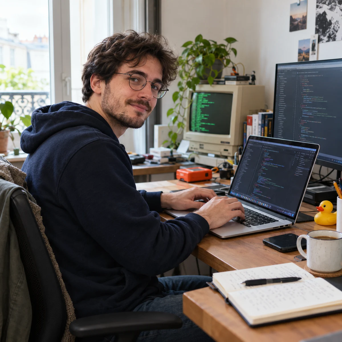 Un développeur en sweat bleu code sur son ordinateur, avec un écran rétro à ses côtés