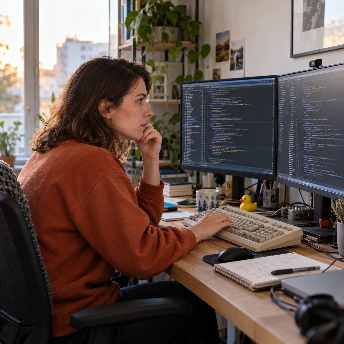 Une développeuse examine du code sur deux écrans à son bureau